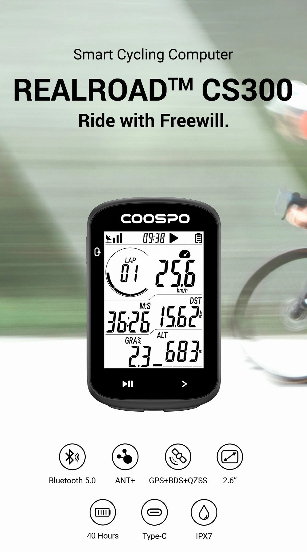 COOSPO CS300 – Compteur vélo GPS connecté, étanche, Bluetooth & Strava